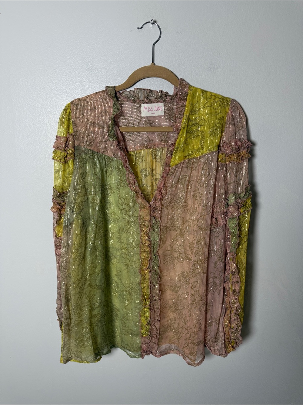 Miss June Women's Multi-Color Ruffle Trim Sheer Blouse Size Large